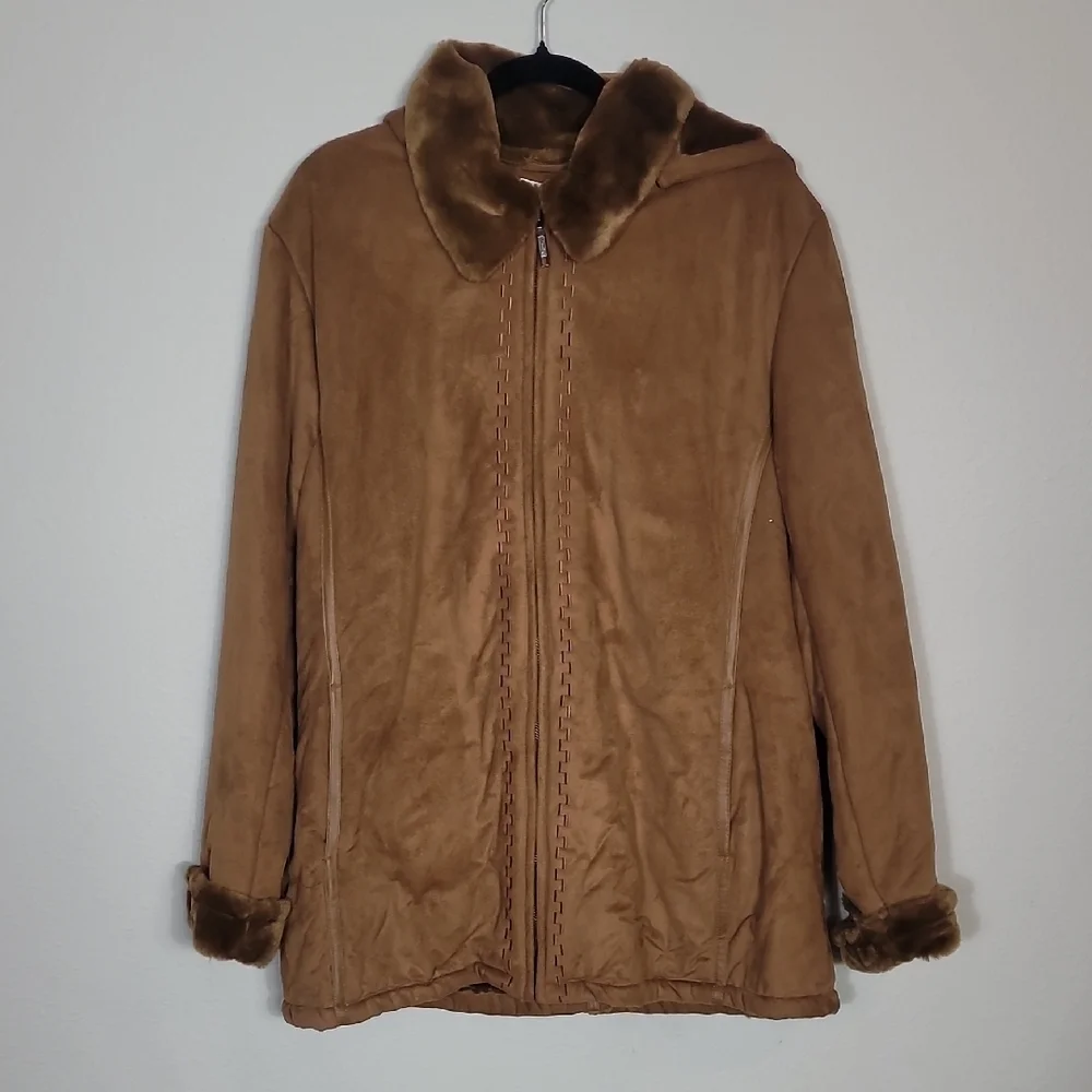 Y2K Cato Women Faux Fur Penny Lane Coat Size 18/22 L/XL Hood Brown Zip Suede 90s